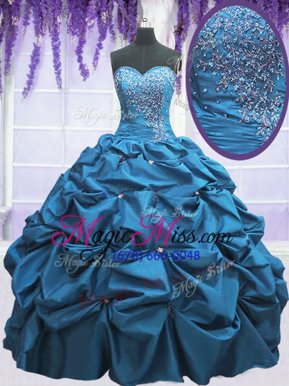 Custom Design Teal Lace Up Sweet 16 Quinceanera Dress Beading and Appliques and Pick Ups Sleeveless Floor Length