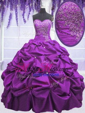Wonderful Taffeta Sweetheart Sleeveless Lace Up Appliques and Pick Ups Quince Ball Gowns in Purple