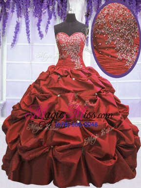 Flare Floor Length Coral Red Quinceanera Gown Taffeta Sleeveless Beading and Pick Ups