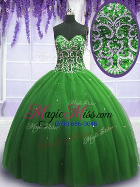 Green Lace Up Sweetheart Beading Quinceanera Gowns Tulle Sleeveless