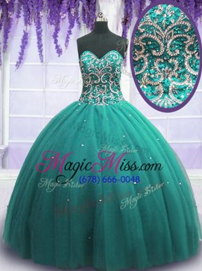 Turquoise Lace Up Sweetheart Beading Quince Ball Gowns Tulle Sleeveless