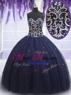 Extravagant Navy Blue Ball Gowns Tulle Sweetheart Sleeveless Beading Floor Length Lace Up 15 Quinceanera Dress
