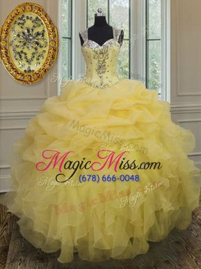 Top Selling Light Yellow Ball Gowns Straps Sleeveless Organza Floor Length Zipper Beading and Ruffles 15 Quinceanera Dress