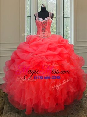 Customized Coral Red Quinceanera Dresses Military Ball and Sweet 16 and Quinceanera and For with Beading and Ruffles Straps Sleeveless Zipper