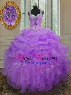 Beauteous Ball Gowns Quince Ball Gowns Lavender Straps Organza Sleeveless Floor Length Zipper
