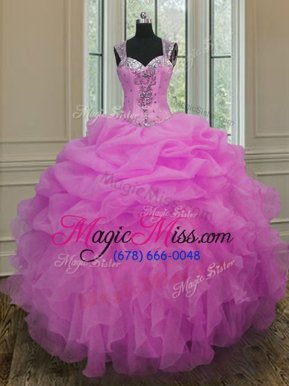 Ideal Straps Straps Lilac Zipper Ball Gown Prom Dress Beading and Ruffles Sleeveless Floor Length