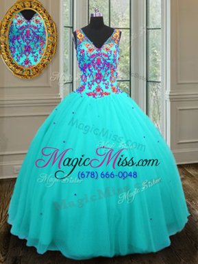 Stylish Tulle V-neck Sleeveless Zipper Beading 15th Birthday Dress in Aqua Blue
