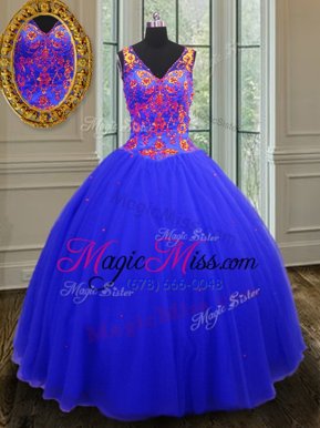 Artistic Floor Length Royal Blue Vestidos de Quinceanera Tulle Sleeveless Beading and Sequins