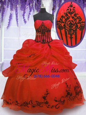 Sumptuous Strapless Sleeveless Quinceanera Gown Floor Length Embroidery and Pick Ups Red Organza