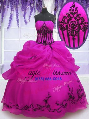 Elegant Fuchsia Ball Gowns Organza Strapless Sleeveless Embroidery and Pick Ups Floor Length Lace Up 15th Birthday Dress