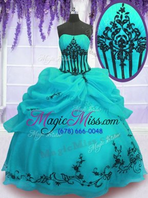 Flare Floor Length Turquoise Sweet 16 Dress Strapless Sleeveless Lace Up