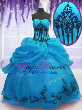Trendy Sleeveless Organza Floor Length Lace Up Quinceanera Gown in Blue for with Embroidery
