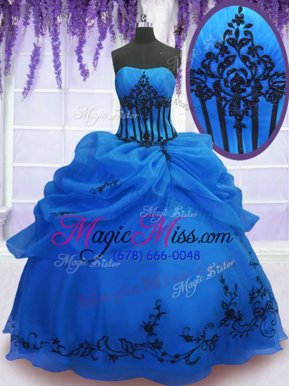 Vintage Blue Lace Up Strapless Embroidery Quinceanera Gown Organza Sleeveless