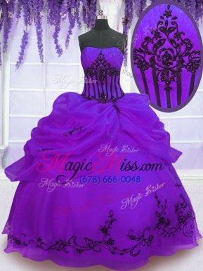 Amazing Strapless Sleeveless Sweet 16 Quinceanera Dress Floor Length Embroidery Purple Organza