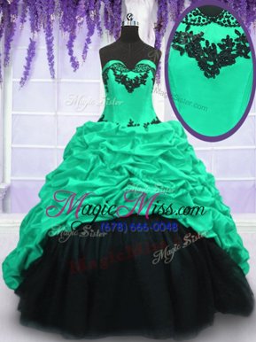 Deluxe Sleeveless Sweep Train Lace Up With Train Appliques and Ruffles and Pick Ups Quince Ball Gowns