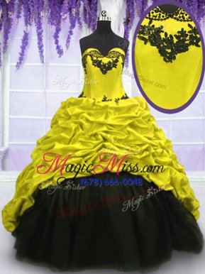 Exceptional Black and Yellow Green Lace Up Sweetheart Appliques and Pick Ups Ball Gown Prom Dress Taffeta Sleeveless Sweep Train