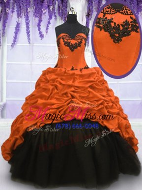 Super Black and Orange Taffeta Lace Up Quinceanera Dresses Sleeveless With Train Sweep Train Appliques and Pick Ups