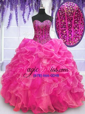 Dazzling Organza Sweetheart Sleeveless Lace Up Beading and Ruffles Sweet 16 Dress in Hot Pink