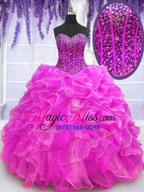 Fuchsia Lace Up Sweetheart Beading and Ruffles Quinceanera Gowns Organza Sleeveless