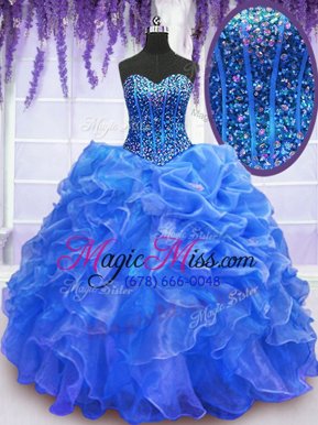 Affordable Blue Sleeveless Organza Lace Up Vestidos de Quinceanera for Military Ball and Sweet 16 and Quinceanera