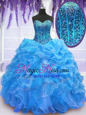 Discount Floor Length Lace Up Quince Ball Gowns Blue and In for Military Ball and Sweet 16 and Quinceanera with Beading and Ruffles