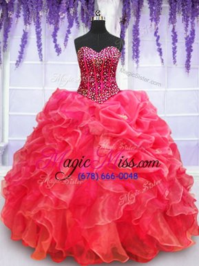 Flare Red Sweetheart Neckline Beading and Appliques and Ruffled Layers Quince Ball Gowns Sleeveless Lace Up