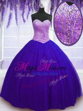 Clearance Purple Tulle Lace Up Sweetheart Sleeveless Floor Length Quinceanera Gown Beading
