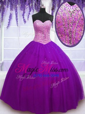 Fabulous Eggplant Purple Ball Gowns Beading Ball Gown Prom Dress Lace Up Tulle Sleeveless Floor Length