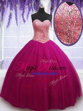 Gorgeous Hot Pink Ball Gowns Sweetheart Sleeveless Tulle Floor Length Lace Up Beading Quinceanera Gown