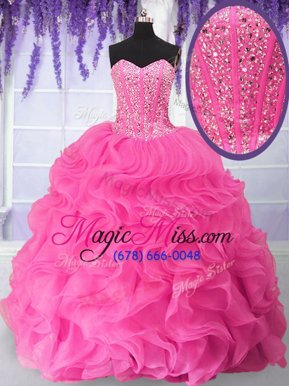 Clearance Beading and Ruffles Quinceanera Gowns Hot Pink Lace Up Sleeveless Floor Length