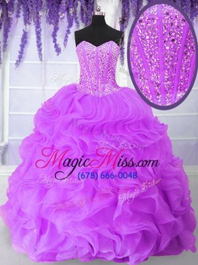 Beauteous Beading and Ruffles 15th Birthday Dress Lilac Lace Up Sleeveless Floor Length