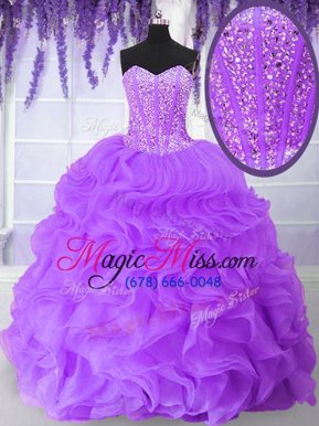 Noble Sleeveless Floor Length Beading and Ruffles Lace Up Sweet 16 Dresses with Purple