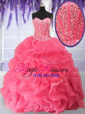 Fantastic Rose Pink Organza Lace Up Sweetheart Sleeveless Floor Length Sweet 16 Quinceanera Dress Beading and Ruffles