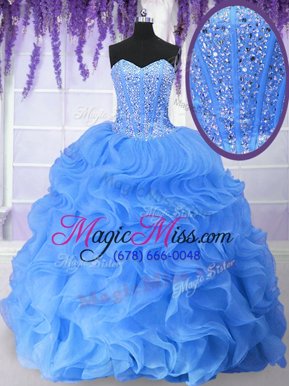 Extravagant Sleeveless Organza Floor Length Lace Up Sweet 16 Dresses in Blue for with Ruffles and Sequins