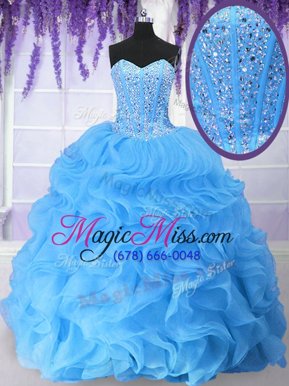Delicate Sleeveless Floor Length Beading and Ruffles Lace Up Quince Ball Gowns with Baby Blue