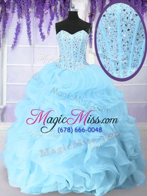Sophisticated Blue Ball Gowns Beading and Ruffles Ball Gown Prom Dress Lace Up Organza Sleeveless Floor Length