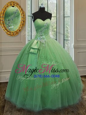 Trendy Sweetheart Sleeveless Quinceanera Dresses Floor Length Beading and Ruching and Bowknot Yellow Green Tulle