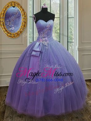 Exceptional Lavender Ball Gowns Sweetheart Sleeveless Tulle and Sequined Floor Length Lace Up Beading and Ruching and Bowknot Quinceanera Dress