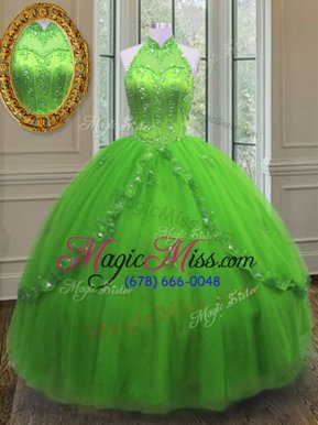 Lovely Halter Top Sleeveless Beading and Appliques Lace Up Sweet 16 Dresses