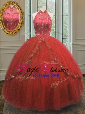 Great Halter Top Wine Red Sleeveless Beading and Appliques Floor Length 15th Birthday Dress