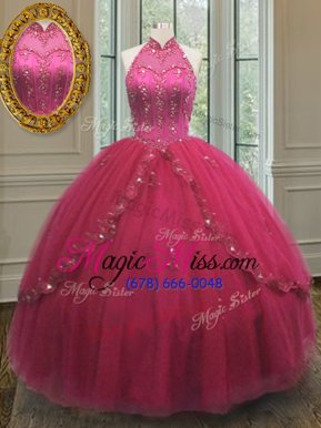 Vintage Halter Top Hot Pink Lace Up Quinceanera Gowns Beading and Appliques Sleeveless Floor Length