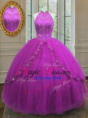 Modest Sleeveless Tulle Floor Length Lace Up Sweet 16 Quinceanera Dress in Fuchsia for with Beading and Appliques