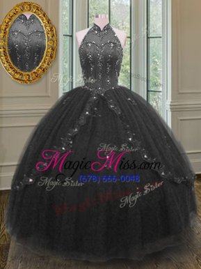 Inexpensive Black High-neck Lace Up Beading and Appliques Vestidos de Quinceanera Sleeveless