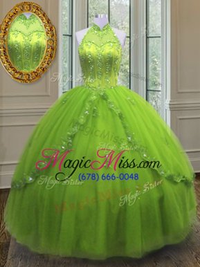 Adorable Yellow Green High-neck Neckline Beading and Appliques Quinceanera Gown Sleeveless Lace Up