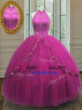 Exquisite Floor Length Fuchsia Sweet 16 Quinceanera Dress Tulle Sleeveless Beading and Appliques