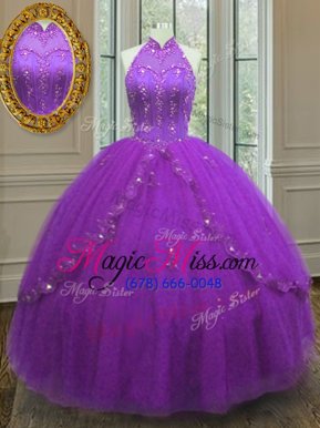 Comfortable Floor Length Lace Up 15 Quinceanera Dress Purple and In for Military Ball and Sweet 16 and Quinceanera with Beading and Appliques