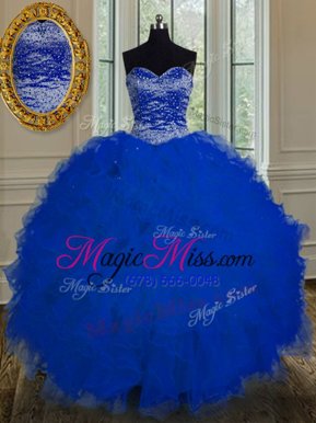 Fine Beading and Ruffles Sweet 16 Dress Royal Blue Lace Up Sleeveless Floor Length