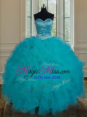 Spectacular Floor Length Lace Up Sweet 16 Dresses Teal and In for Military Ball and Sweet 16 and Quinceanera with Beading and Ruffles