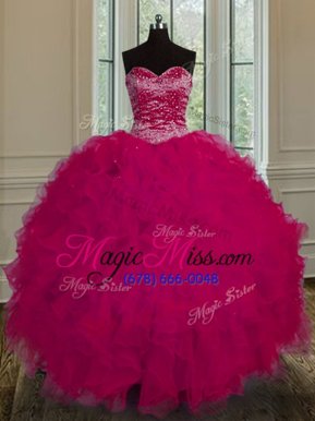 Affordable Fuchsia Sleeveless Floor Length Beading and Ruffles Lace Up Quinceanera Gowns