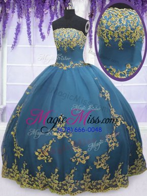 Fabulous Strapless Sleeveless Ball Gown Prom Dress Floor Length Lace and Appliques Teal Tulle